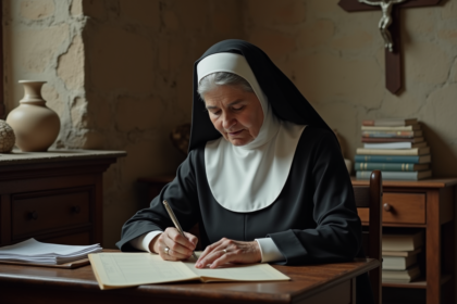 Soeur religieuse écrivant dans un registre dans un bureau modeste