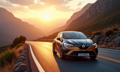 Renault Clio phase 2 sur route de montagne au lever du soleil