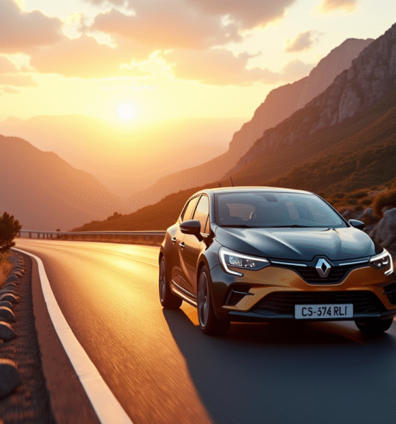 Renault Clio phase 2 sur route de montagne au lever du soleil