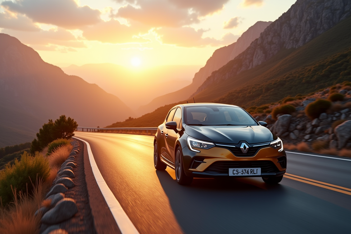 Renault Clio phase 2 sur route de montagne au lever du soleil