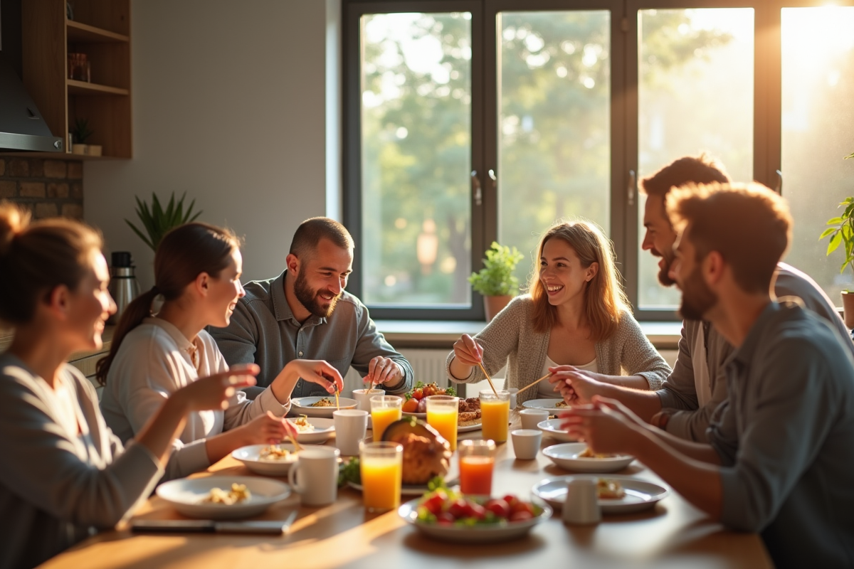 Groupe de personnes partageant un repas dans une cuisine lumineuse