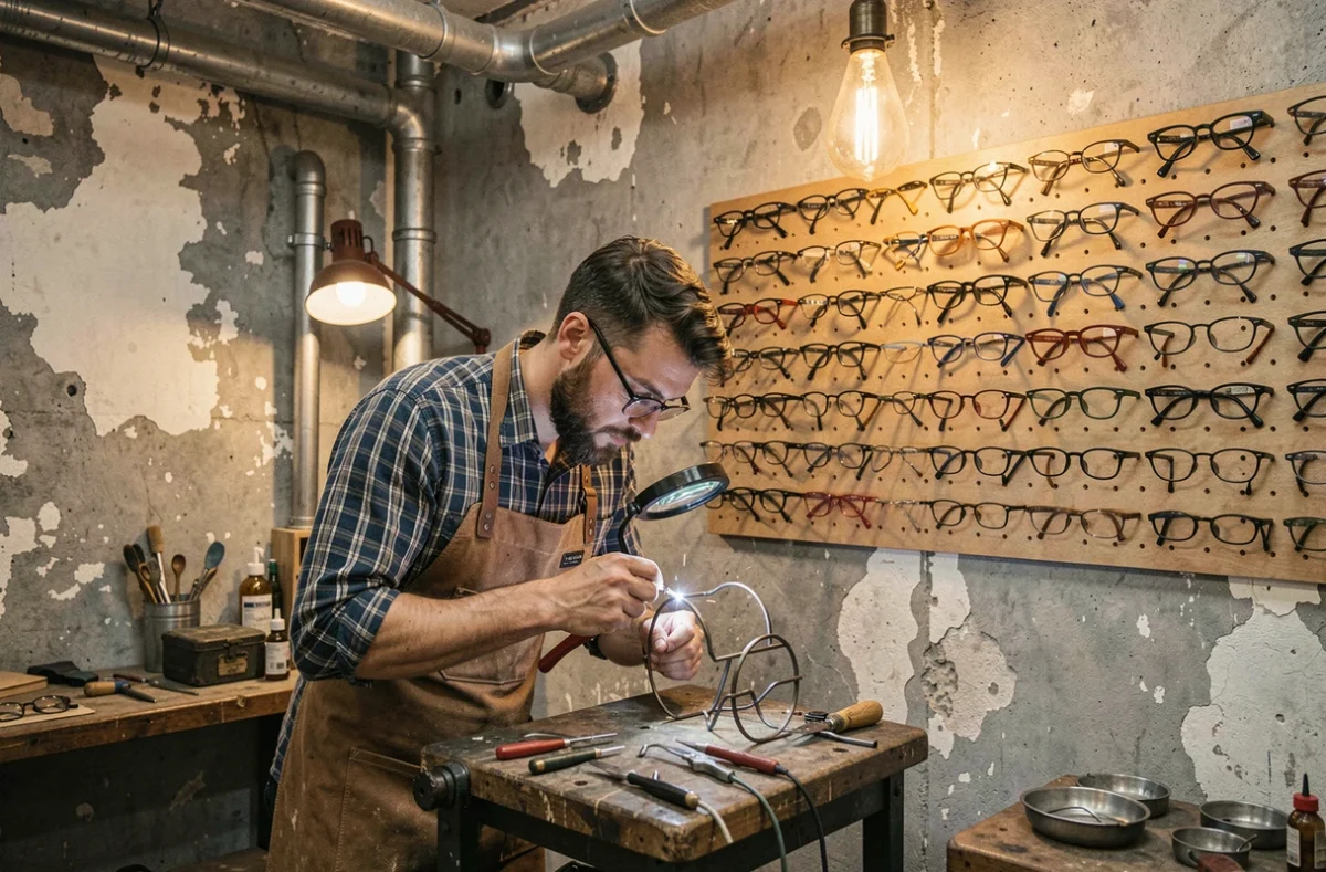 Artisan du Retroviseur Workshop façonnant des lunettes sur mesure dans un atelier industriel-vintage lyonnais