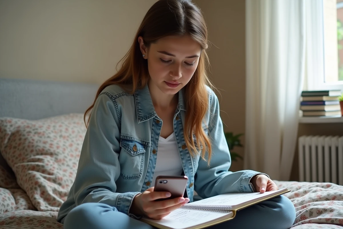 Jeune femme révisant la conversion gramme kilogramme dans sa chambre avec un cahier de notes et un smartphone posés sur un lit