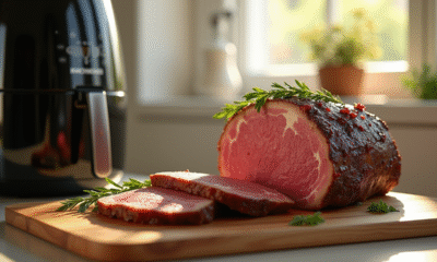 Rôti de boeuf tranché sur une planche en bois avec herbes fraîches et une friteuse Ninja