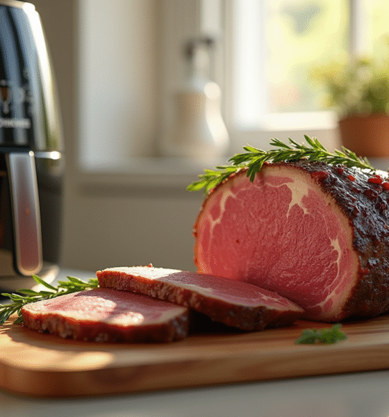 Rôti de boeuf tranché sur une planche en bois avec herbes fraîches et une friteuse Ninja