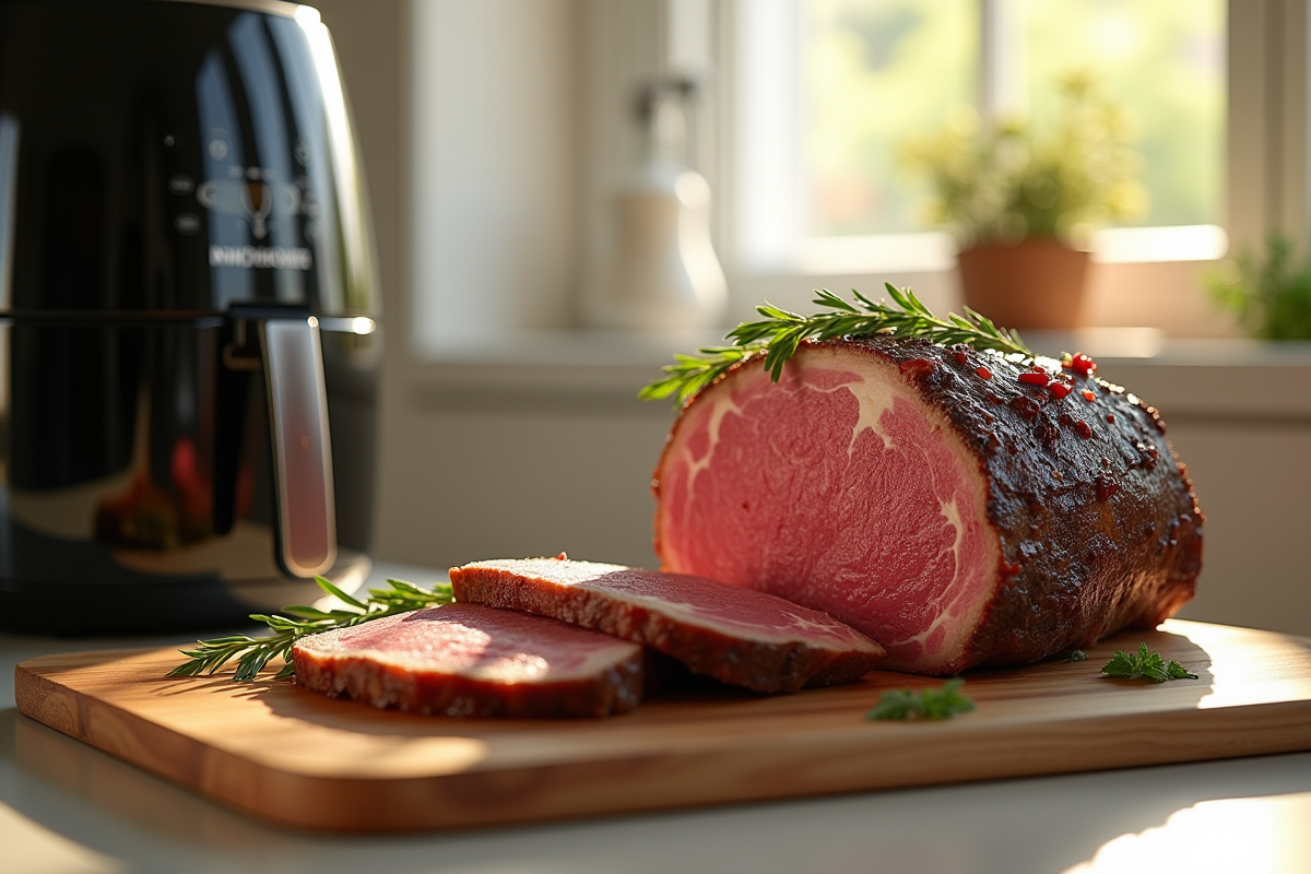 Rôti de boeuf tranché sur une planche en bois avec herbes fraîches et une friteuse Ninja