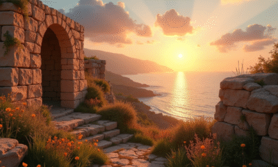 Ruines antiques et arches sur la mer au coucher du soleil