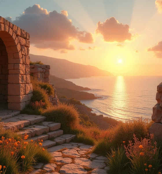 Ruines antiques et arches sur la mer au coucher du soleil