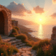 Ruines antiques et arches sur la mer au coucher du soleil