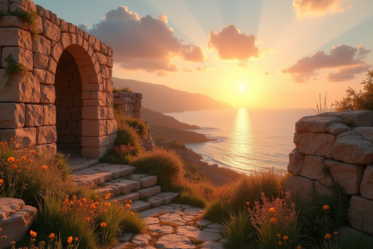 Ruines antiques et arches sur la mer au coucher du soleil