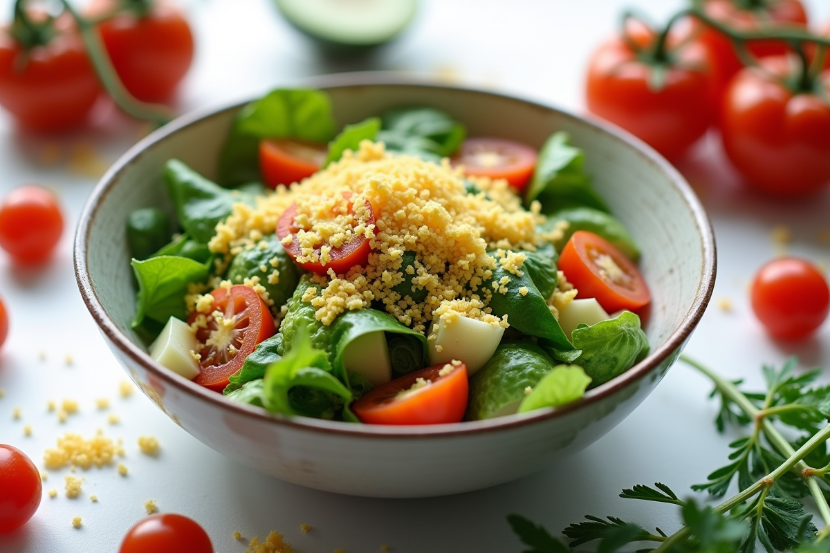 Salade gourmande avec flocons de levure sur un comptoir lumineux