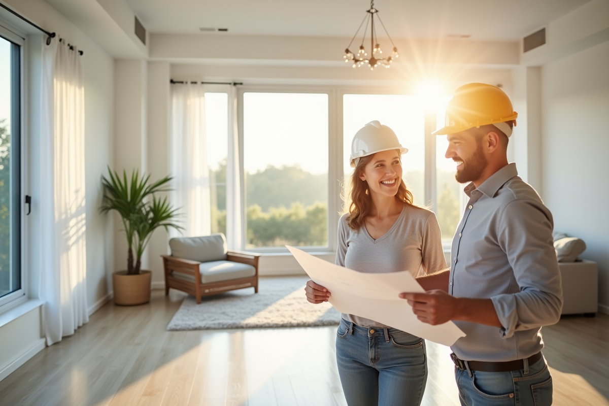 Salon lumineux avec plans de maison et entrepreneur