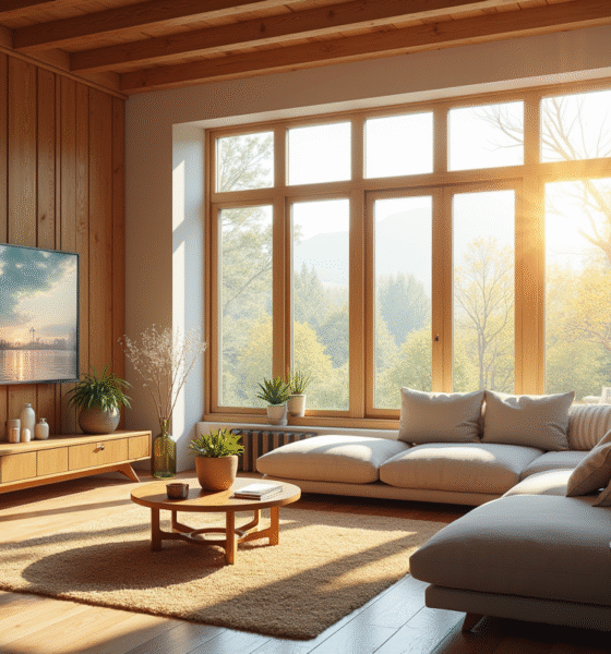 Salon lumineux avec grandes fenêtres et affichage d'efficacite energetique