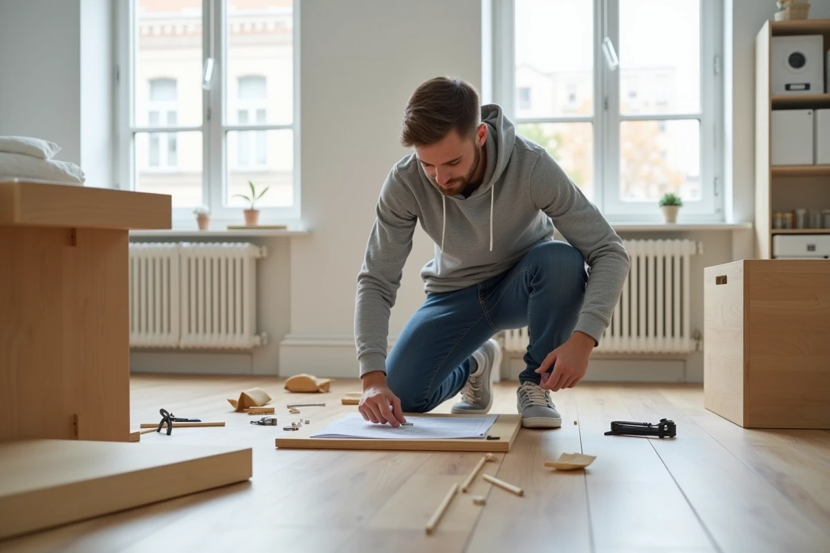 Jeune homme utilisant un serre-joint en G pour assembler des meubles en kit dans un appartement moderne et lumineux