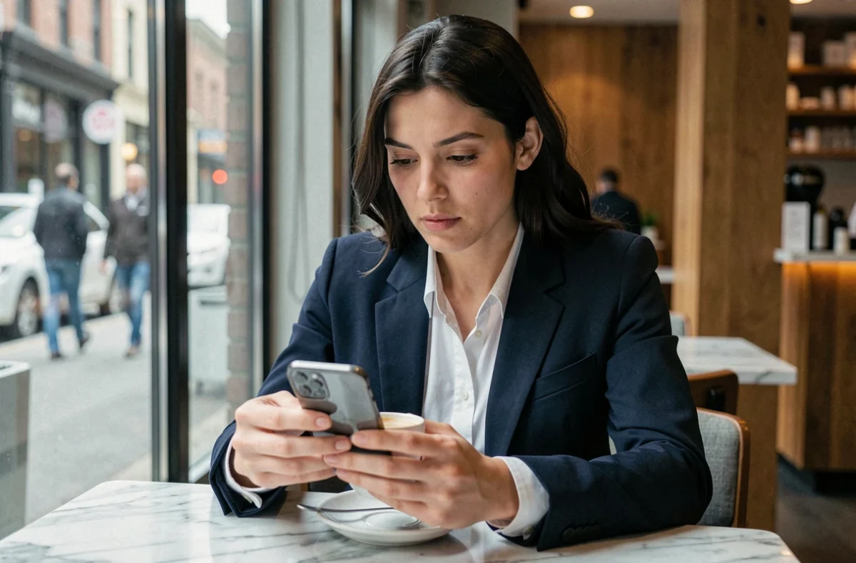 Femme consultant son téléphone dans un café pour envoyer un message en toute confidentialité