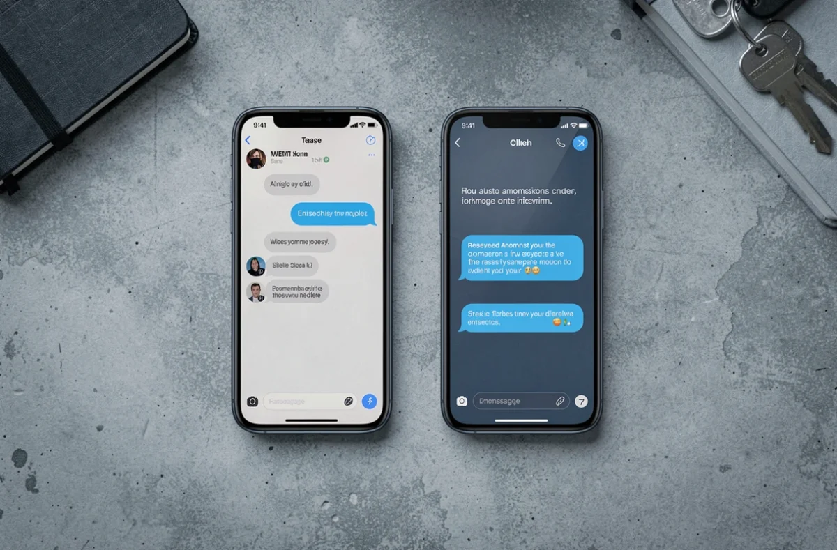 Deux smartphones côte à côte illustrant l'envoi et la réception d'un SMS anonyme en 2026