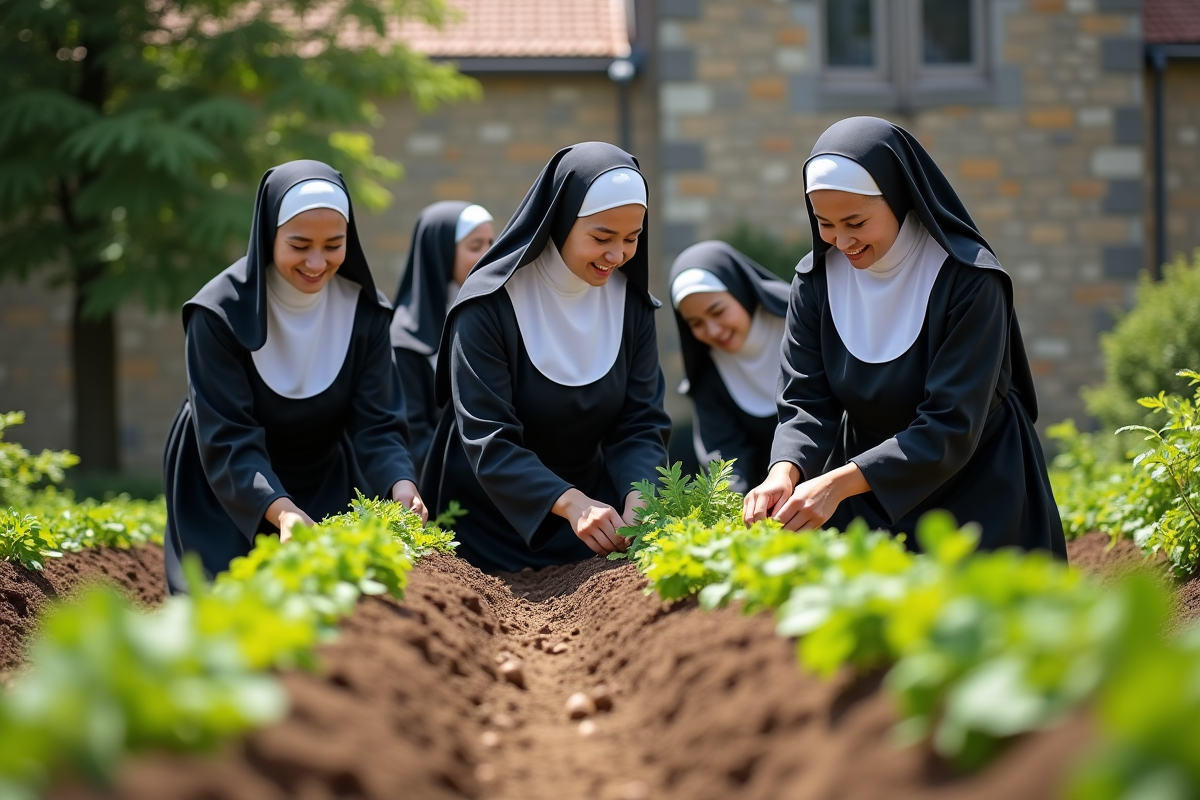Groupe de sœurs dans un jardin potager ensoleille