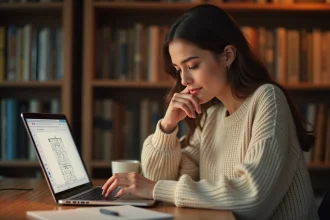 Jeune femme cherchant des mots stratégiques sur son ordinateur pour résoudre le jeu Pedantix