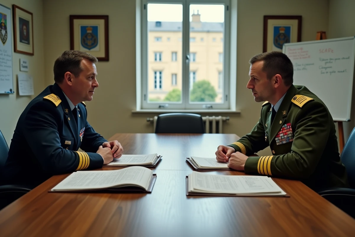 Sous-officier et capitaine de l'armée de terre discutant d'une grille de carrière militaire dans une salle de réunion