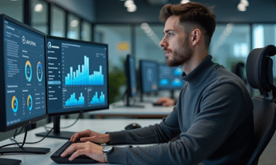 Jeune homme spécialiste informatique travaillant sur des moniteurs