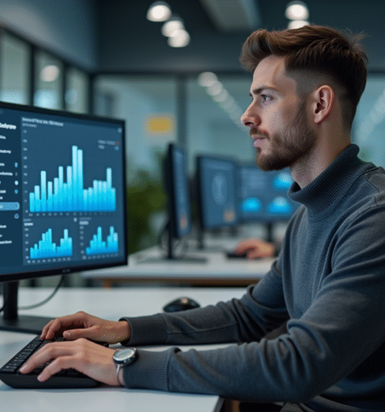 Jeune homme spécialiste informatique travaillant sur des moniteurs