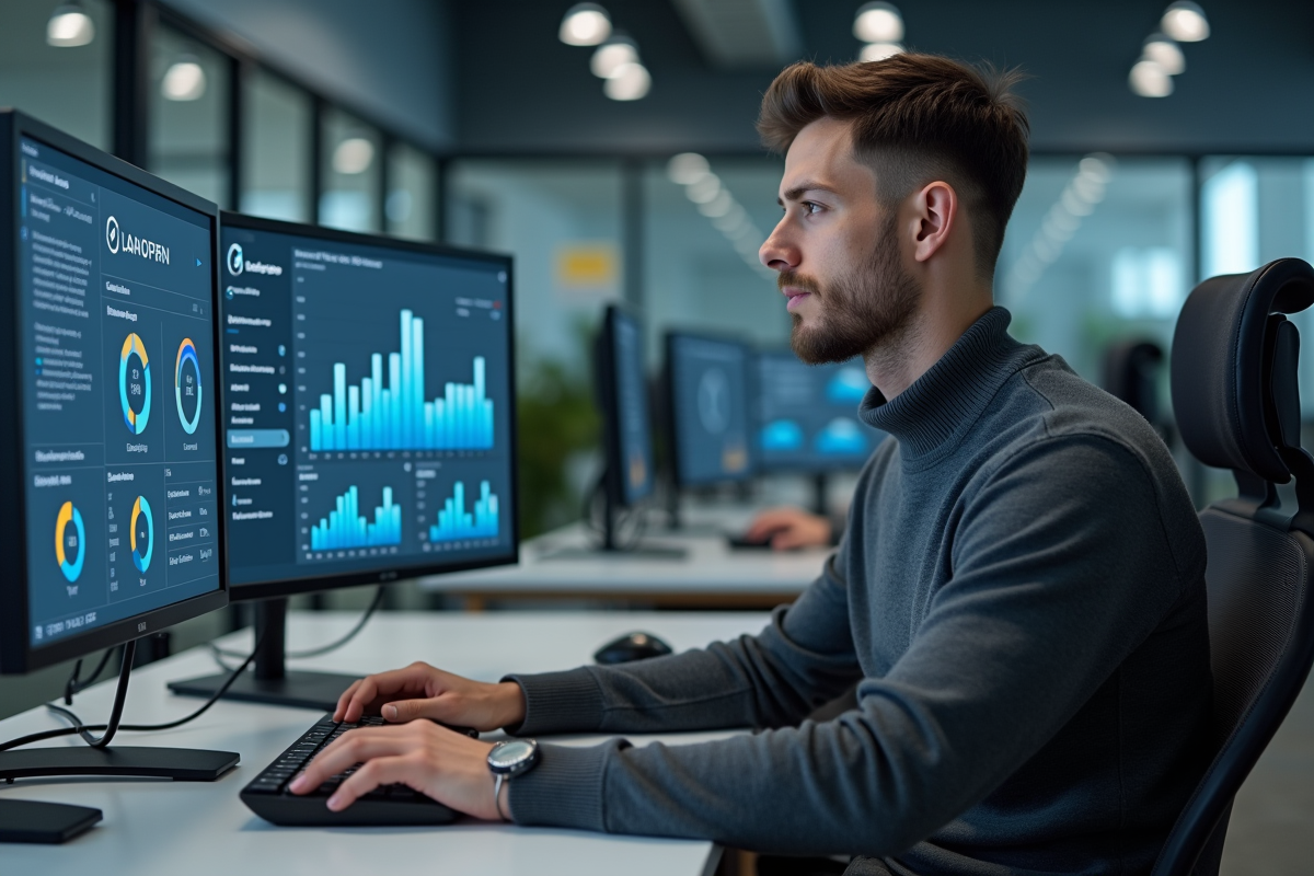 Jeune homme spécialiste informatique travaillant sur des moniteurs