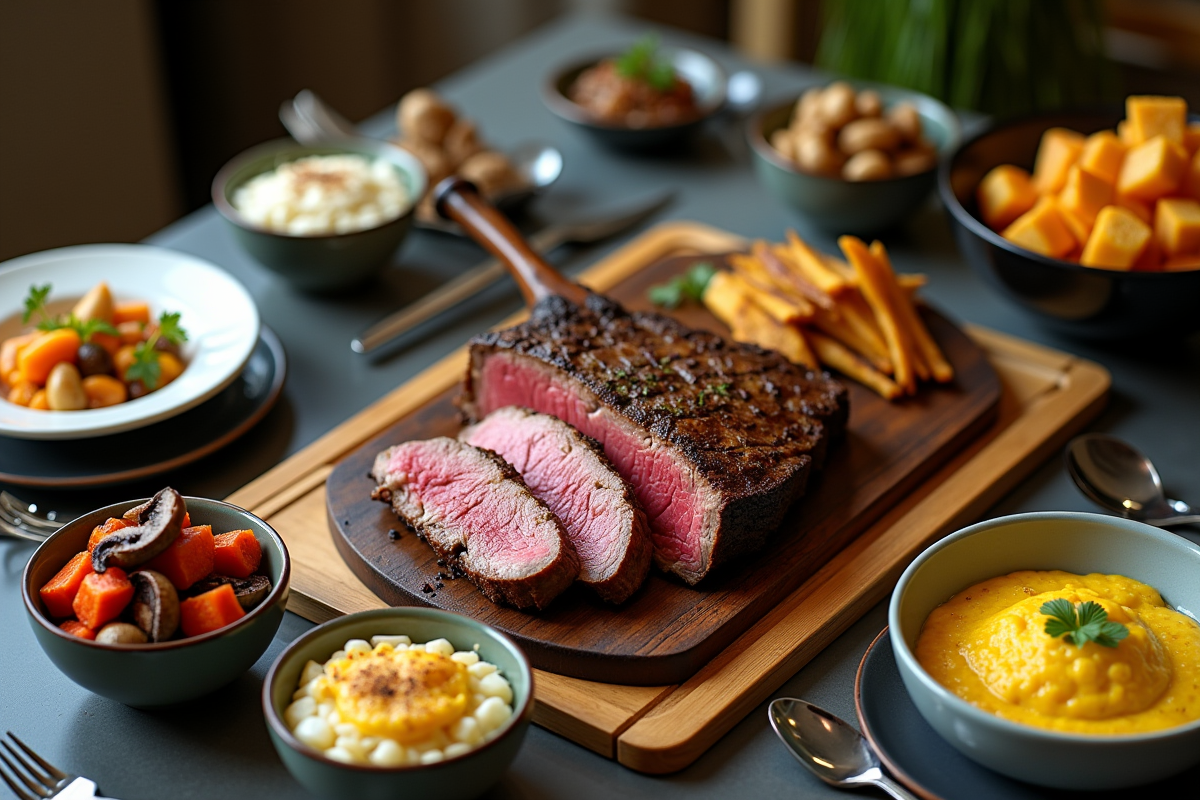 Table de dîner avec côte de boeuf tranchée et accompagnements variés