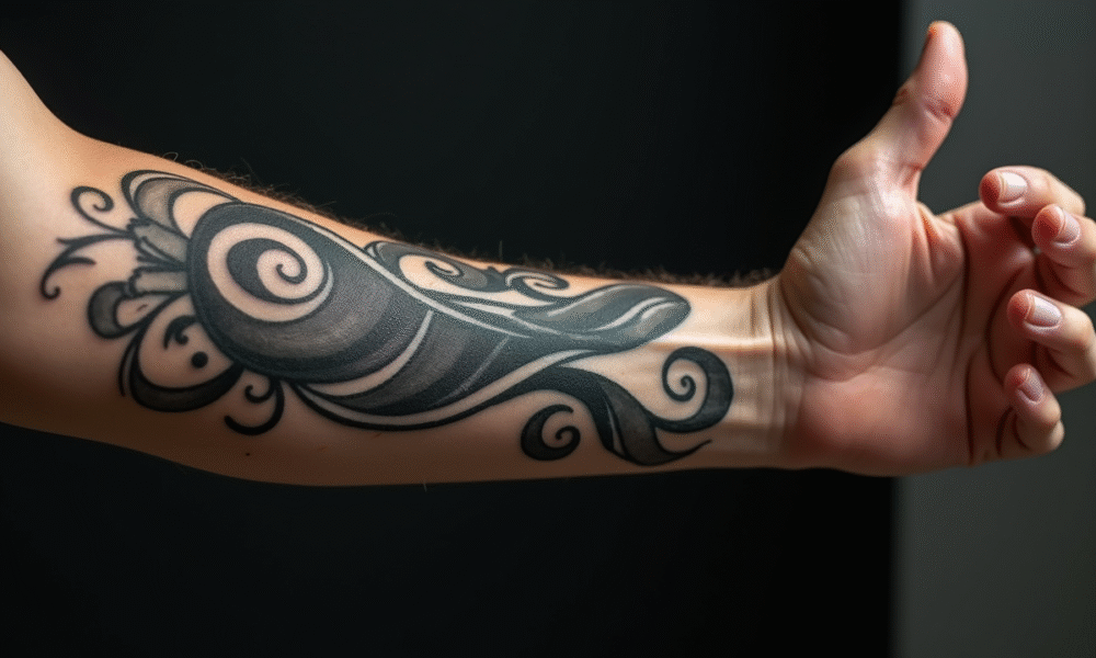 Gros plan sur un bras tatoué en noir et gris