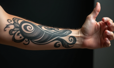 Gros plan sur un bras tatoué en noir et gris