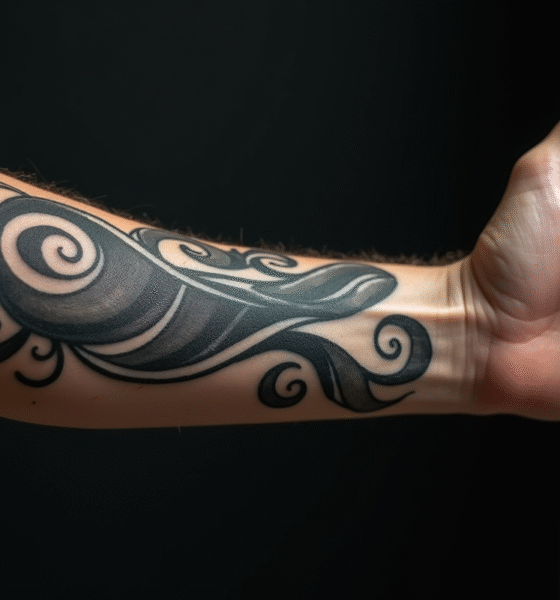 Gros plan sur un bras tatoué en noir et gris