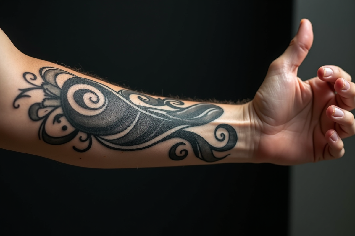 Gros plan sur un bras tatoué en noir et gris