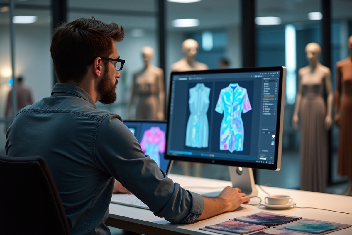 Homme analysant des motifs numériques dans un bureau de mode