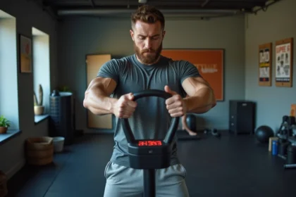 Homme sportif testant sa force avec dynamometre dans salle