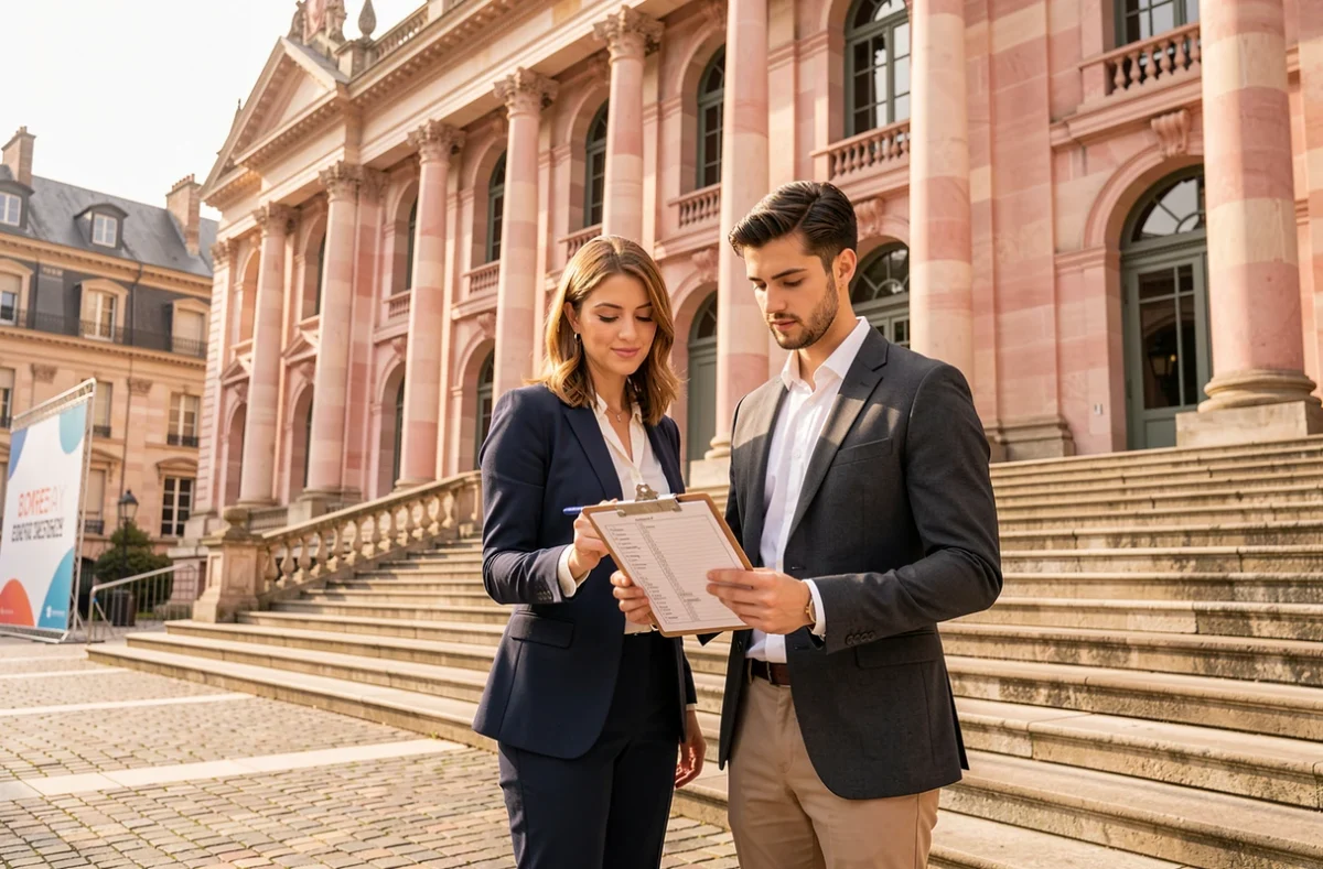 Planificatrice de Toulouse Événements révisant une liste de contrôle devant la façade du Capitole de Toulouse avec son assistante
