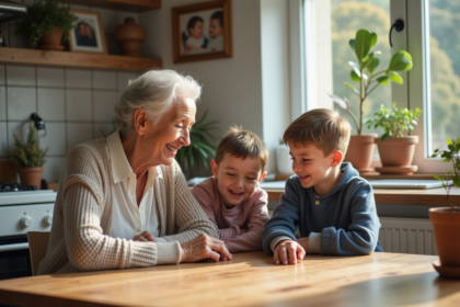 Famille française de trois générations souriantes autour d'une table