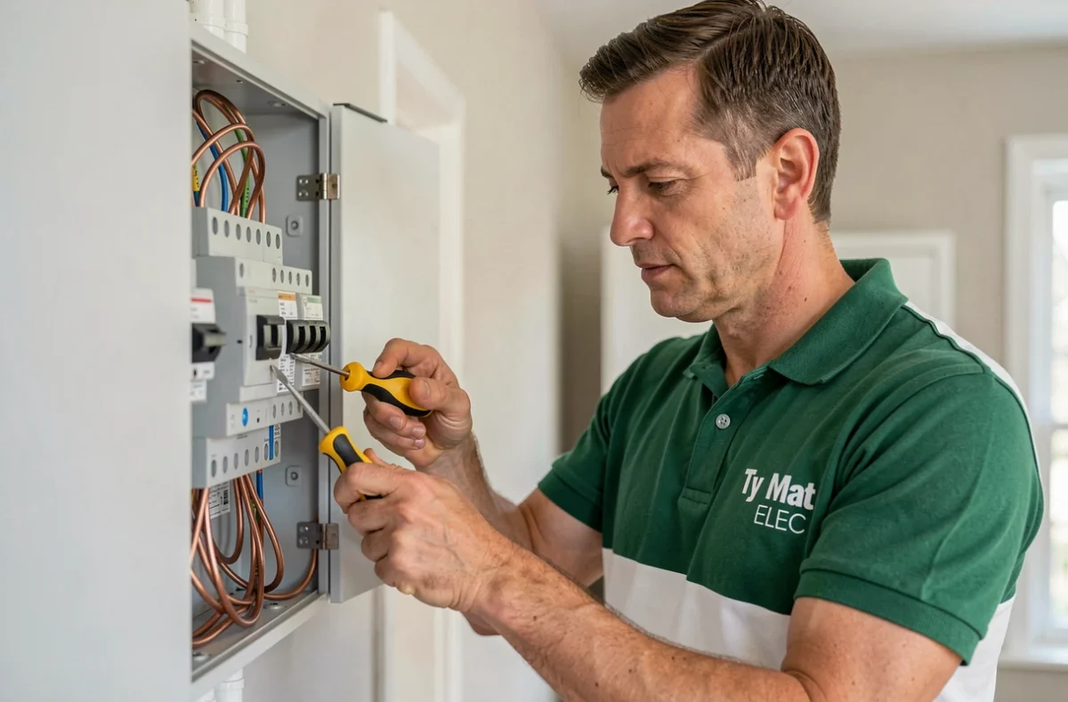 Électricien de Ty Mat'Elec intervenant sur un tableau électrique dans une maison bretonne