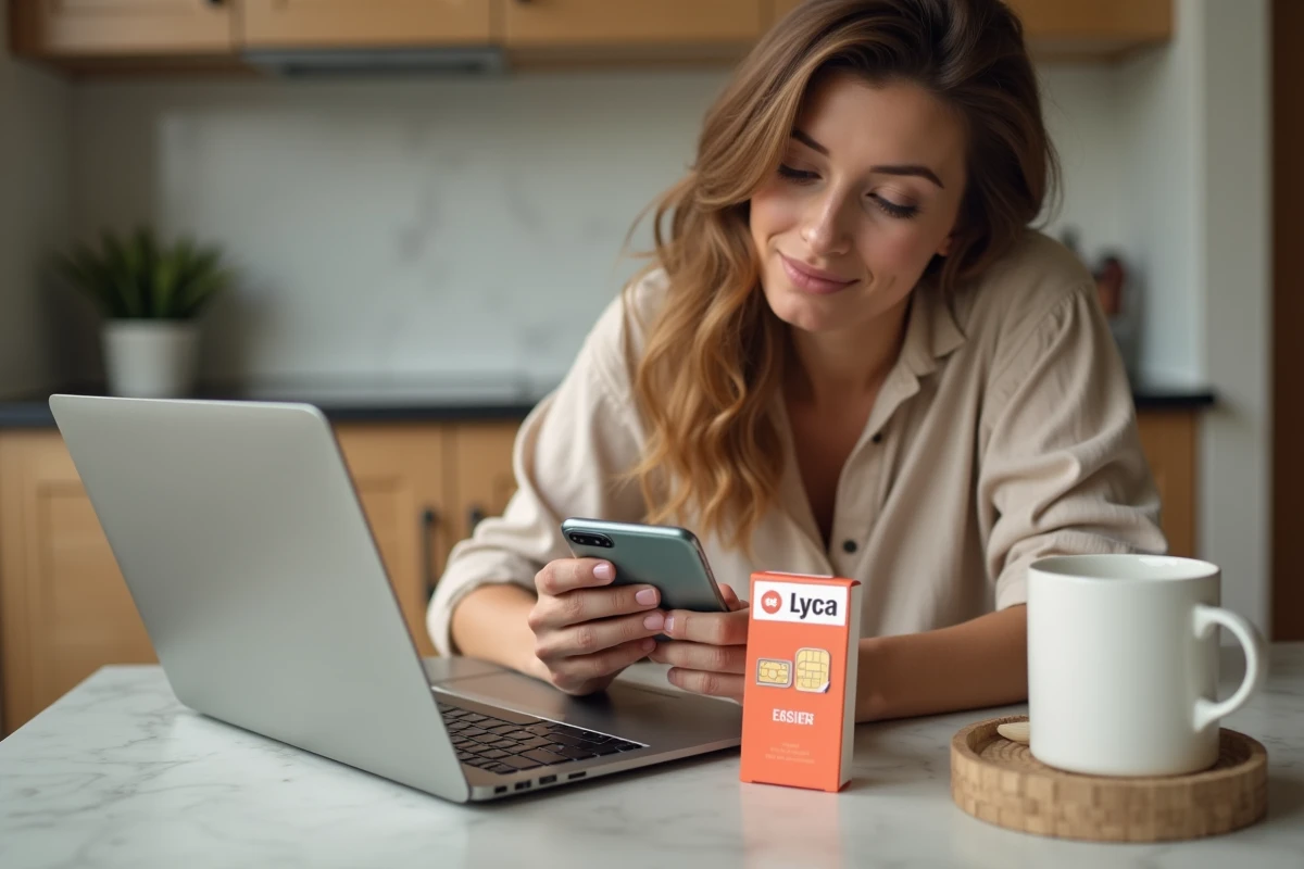Femme vérifiant son numéro Lyca Mobile en comparant l'emballage de la carte SIM et son téléphone