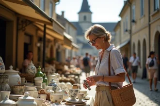 Femme parcourant les étals d'un vide-grenier dans une place de village en Yvelines