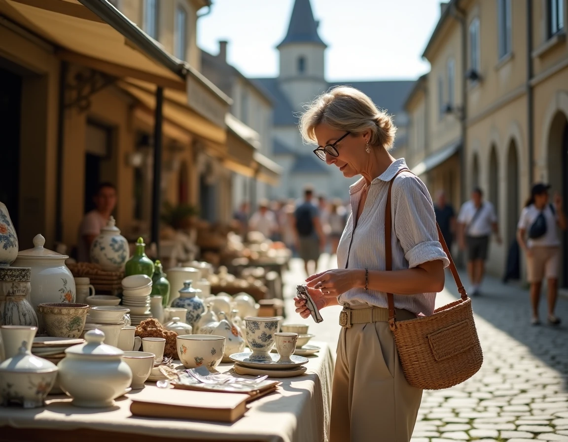 Femme parcourant les étals d'un vide-grenier dans une place de village en Yvelines