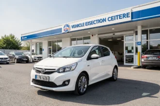 Voiture neuve garée devant un centre de contrôle technique