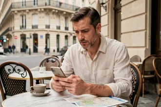 Voyageur français assis en terrasse de café à Paris consultant son téléphone pour calculer le décalage horaire avec la Nouvelle-Calédonie