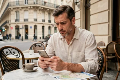 Voyageur français assis en terrasse de café à Paris consultant son téléphone pour calculer le décalage horaire avec la Nouvelle-Calédonie