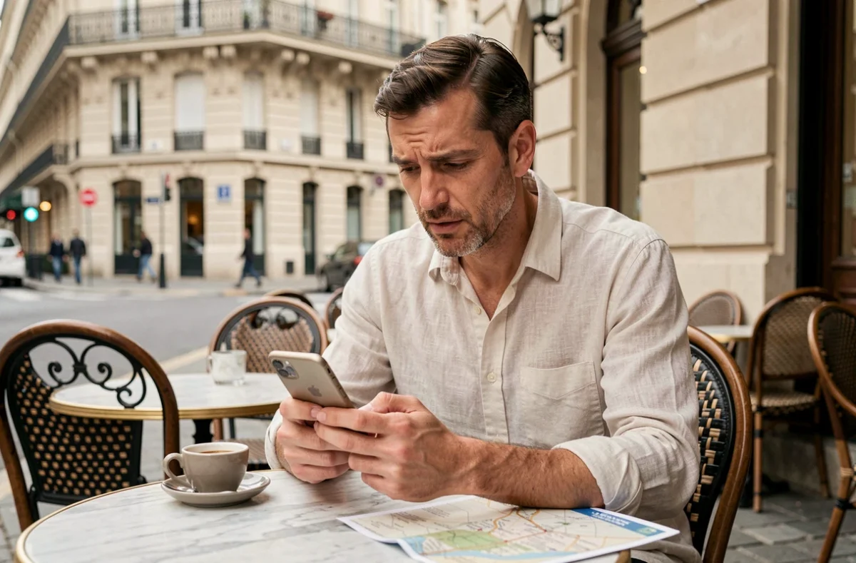 Voyageur français assis en terrasse de café à Paris consultant son téléphone pour calculer le décalage horaire avec la Nouvelle-Calédonie