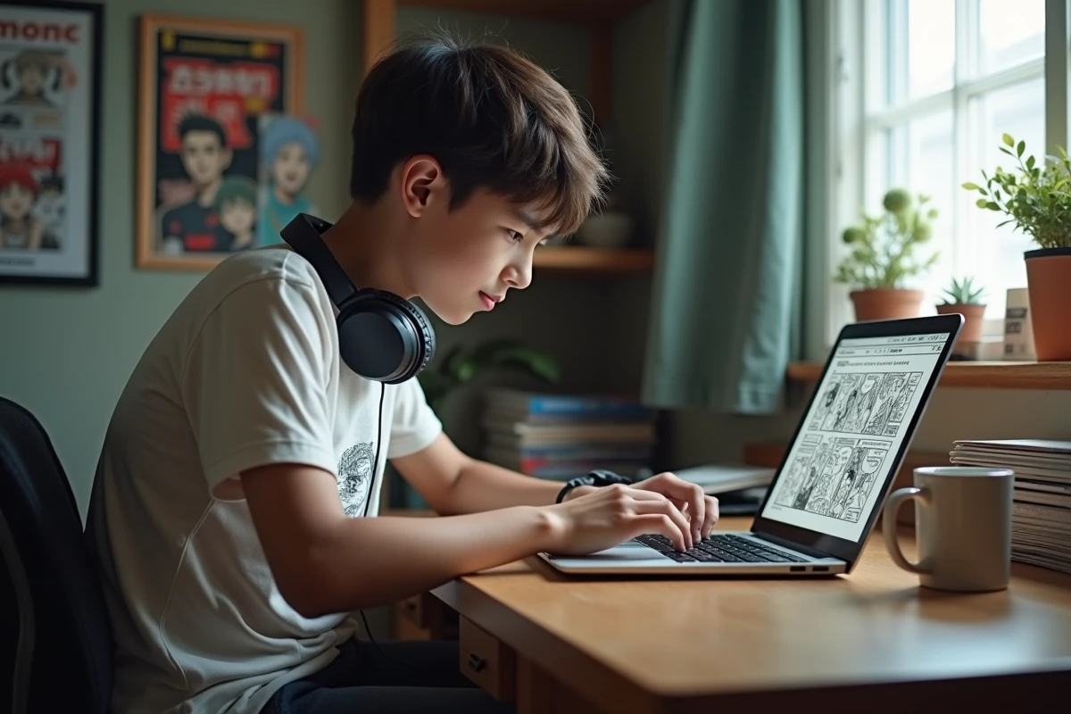 Adolescent lisant un webtoon en français sur un ordinateur portable dans une chambre d'étudiant avec des mangas
